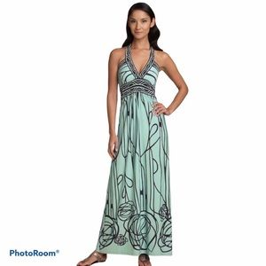 BCBG Max Azria Halter Dress Green Blue Maxi Long Waist Greek Roman pattern XXS 0